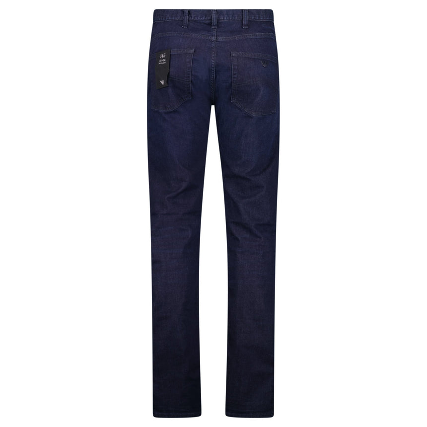 Emporio Armani J45 Slim Fit 5 Pocket Black Eagle Distressed Belt Patch Jeans Dark Blue - Boinclo - Outlet Sale Under Retail