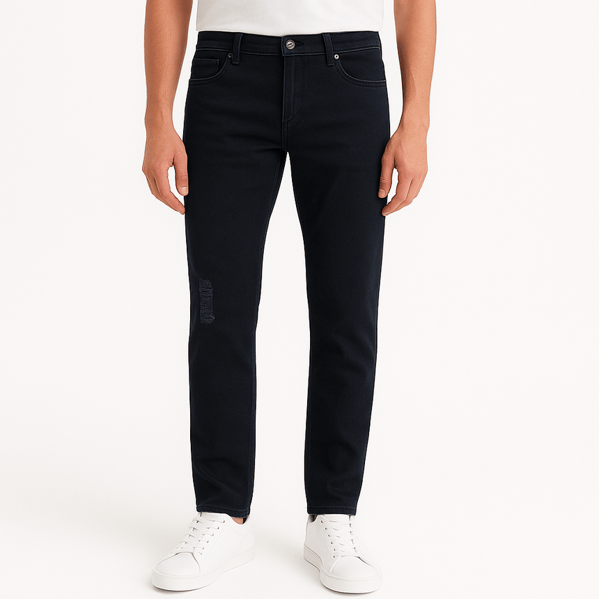 Emporio Armani J45 Slim Fit 5 Pocket Silver Logo Distressed Patch Jeans Black - Boinclo - Outlet Sale Under Retail