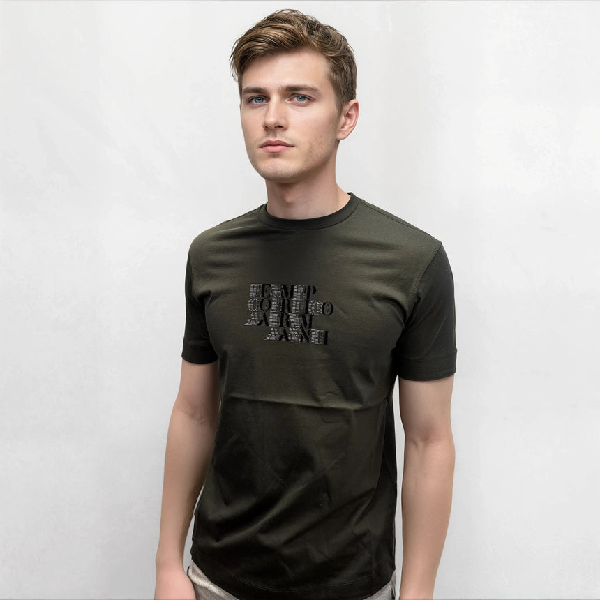 Emporio Armani Velvet Writing Logo Mercerised T-Shirt Khaki Green - Boinclo - Outlet Sale Under Retail
