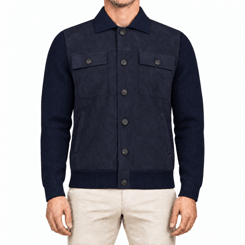 Gran Sasso Alcantara and Organic Cotton Button-Up Hybrid Jacket in Navy Blue - Boinclo - Outlet Sale Under Retail