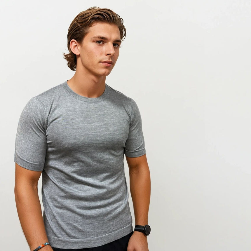 Gran Sasso Short Sleeve Wool/Silk/Cashmere Crewneck in Light Grey - Boinclo - Outlet Sale Under Retail
