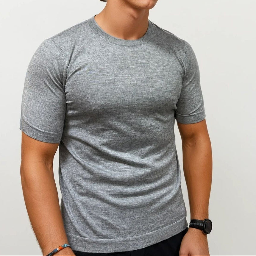 Gran Sasso Short Sleeve Wool/Silk/Cashmere Crewneck in Light Grey - Boinclo - Outlet Sale Under Retail