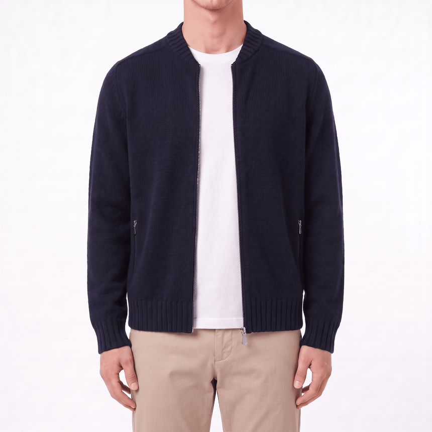 Gran Sasso Super Geelong Wool Full-Zip Bomber Cardigan in Navy Blue - Boinclo - Outlet Sale Under Retail