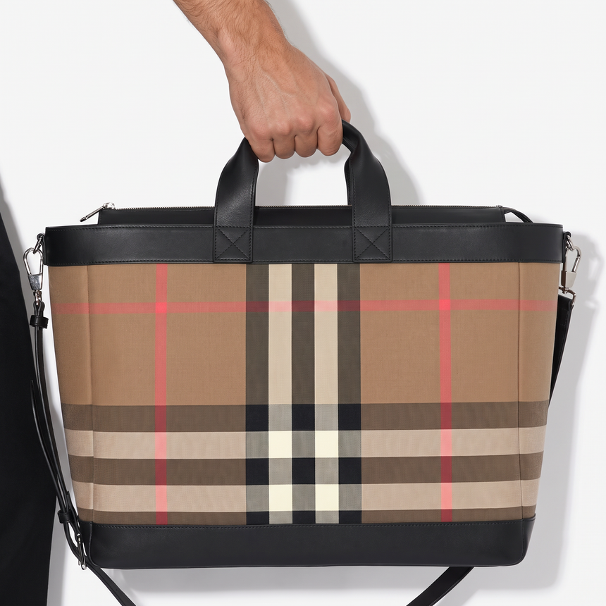 Burberry Ormond Check Nylon Tote Bag in Taupe Brown