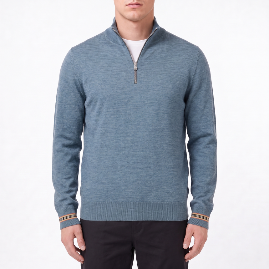 Burberry Icon Stripe Trim Wool Quarter-Zip Jumper in Seaspray Green Melange