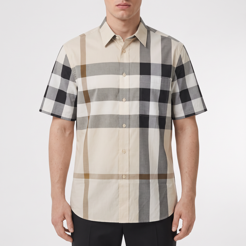 Burberry Claverdon Short-Sleeved Check Stretch Cotton Shirt in Modern Beige