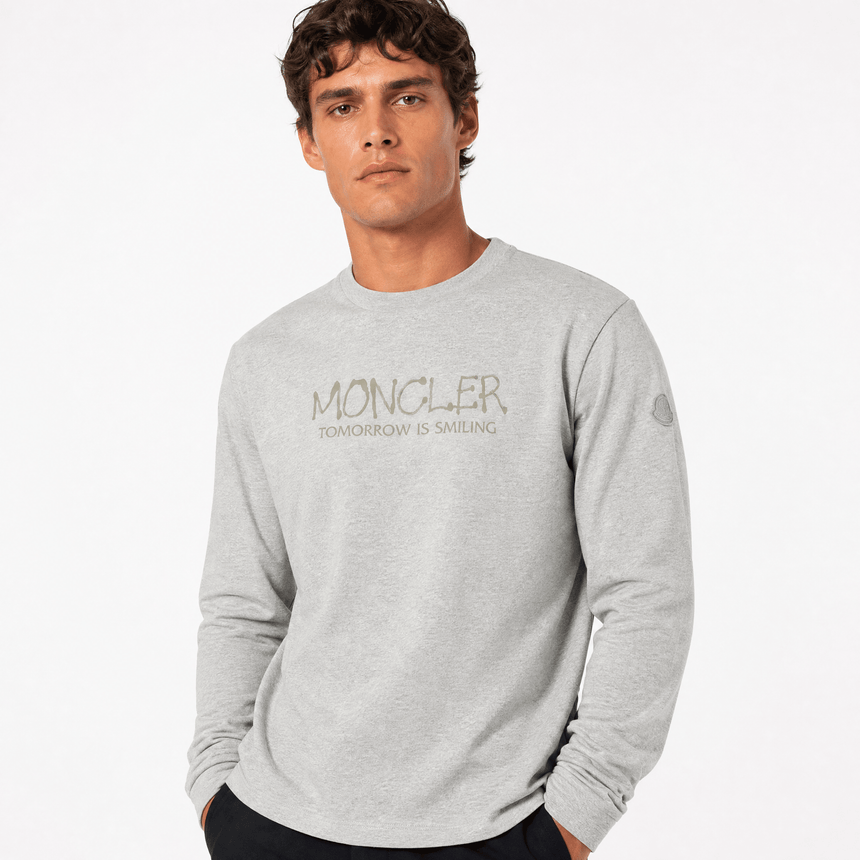 Moncler Khaki 'Tomorrow is Smiling' Print Long Sleeve T-Shirt in Grey - Boinclo - Outlet Sale Under Retail