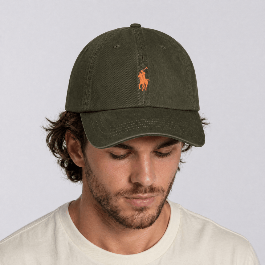 Polo Ralph Lauren Cotton Chino Baseball Cap in Khaki Green with Orange Logo - Boinclo - Outlet Sale Under Retail