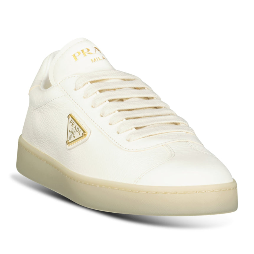 Prada Leather Trainers with Gold Metal Appliqué in Avorio - Boinclo - Outlet Sale Under Retail
