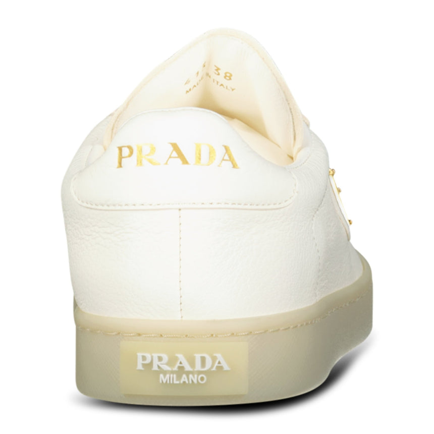 Prada Leather Trainers with Gold Metal Appliqué in Avorio - Boinclo - Outlet Sale Under Retail