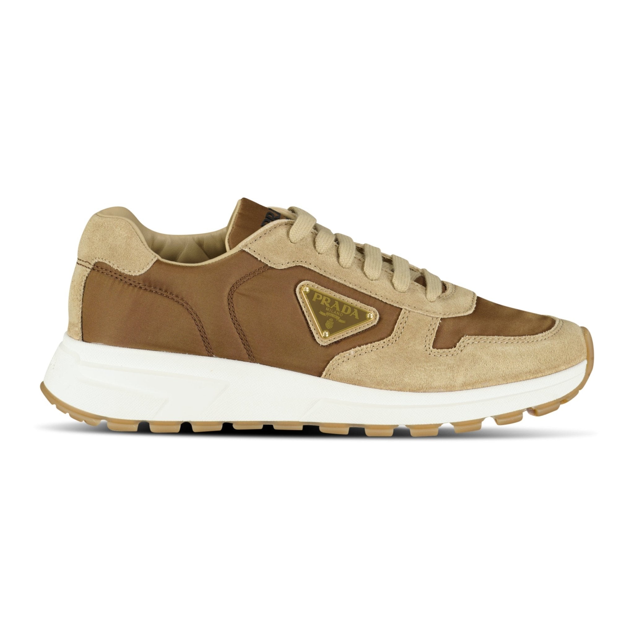 Color variation of Prada Prax 01 Triangle Logo Suede Trainers Brown & Beige