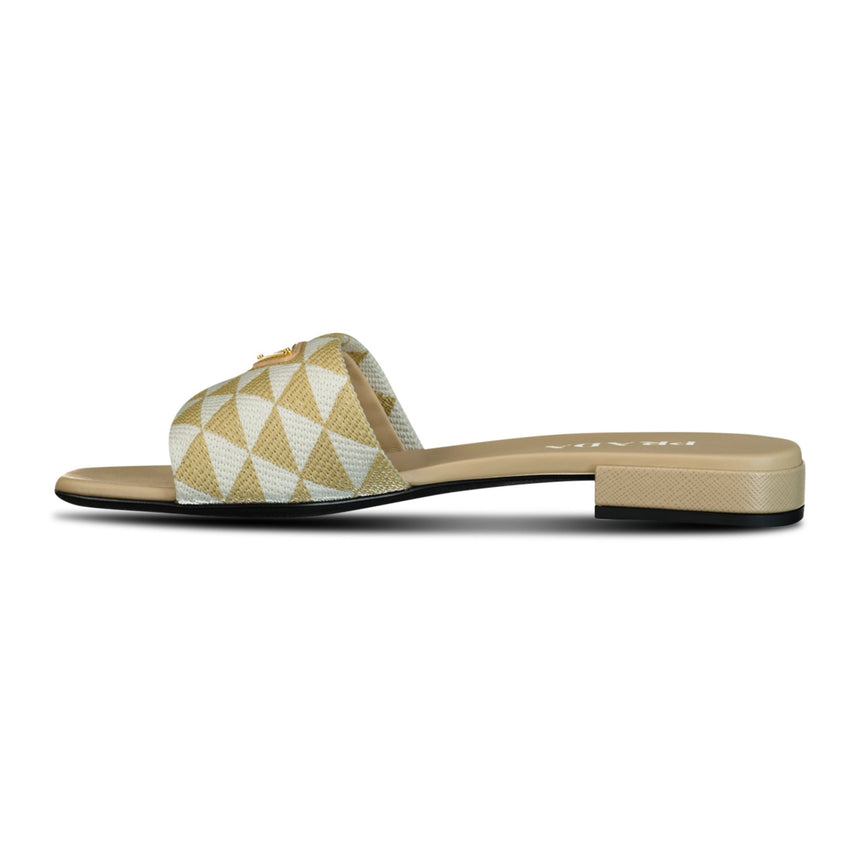 PRADA TRIANGLE LOGO FLAT MULE GOLD & WHITE - Boinclo ltd - Outlet Sale Under Retail