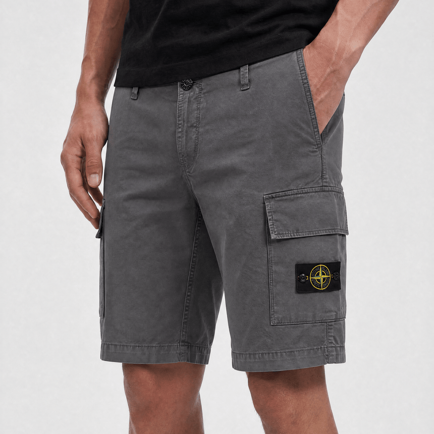 Stone Island Organic Cotton Stretch Broken Twill 'Old' Effect Cargo Shorts in Charcoal Grey - Boinclo - Outlet Sale Under Retail