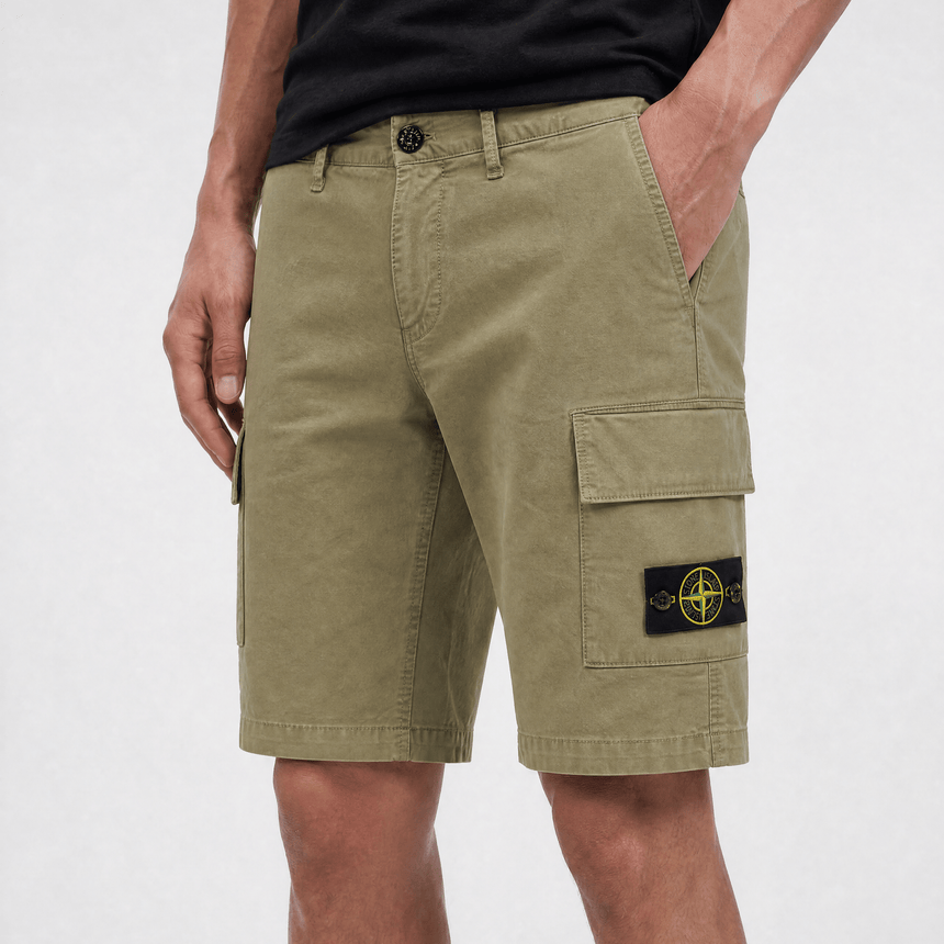 Stone Island Organic Cotton Stretch Broken Twill 'Old' Effect Cargo Shorts in Military Green - Boinclo - Outlet Sale Under Retail