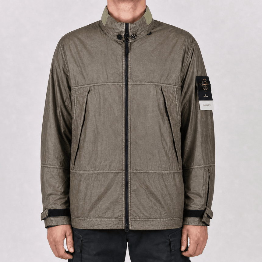 Stone Island Raw Linen Plated-OVD Short Parka in Military Green - Boinclo - Outlet Sale Under Retail