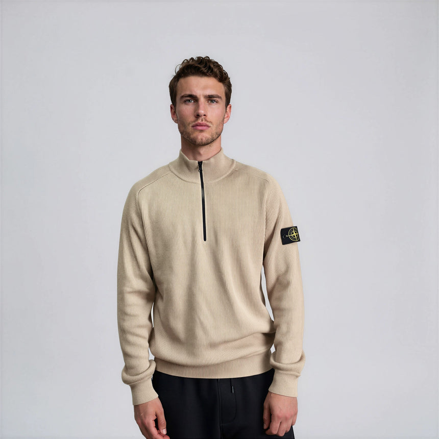 Stone Island Ribbed Soft Organic Cotton Half-Zip Jumper in Desert Sand - Boinclo - Outlet Sale Under Retail