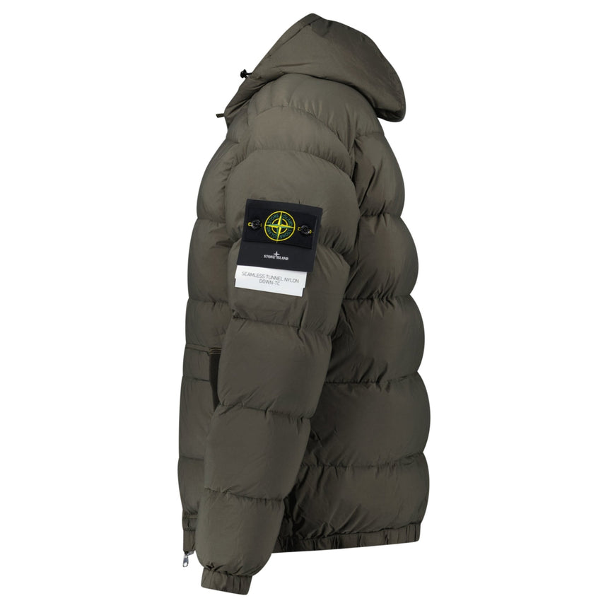Stone Island Hooded Down Jacket with Seamless Feather Tunnels in Military Green - Boinclo - Outlet Sale Under Retail