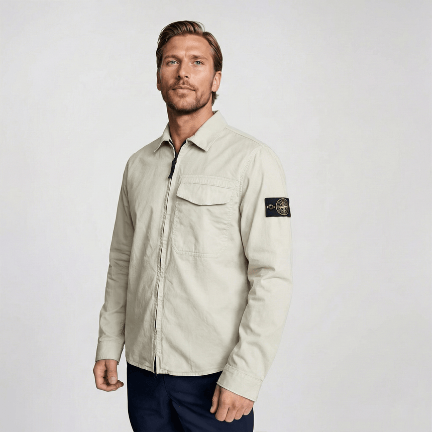 Stone Island Stretch Organic Cotton Satin Overshirt in Pearl Grey - Boinclo - Outlet Sale Under Retail