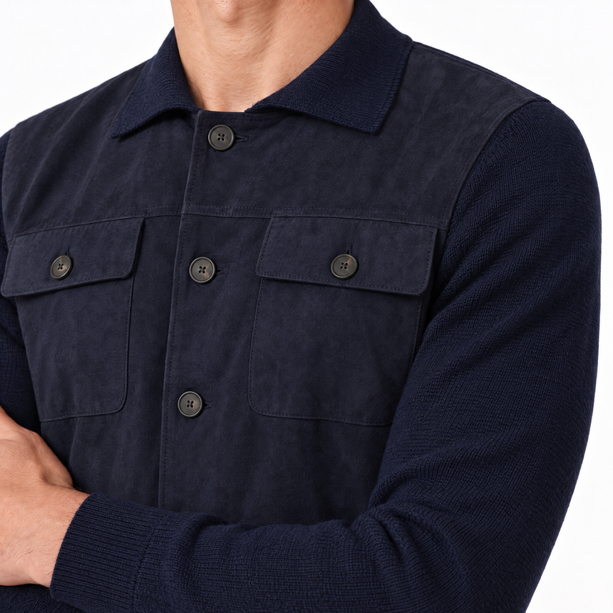 Gran Sasso Alcantara and Organic Cotton Button-Up Hybrid Jacket in Navy Blue