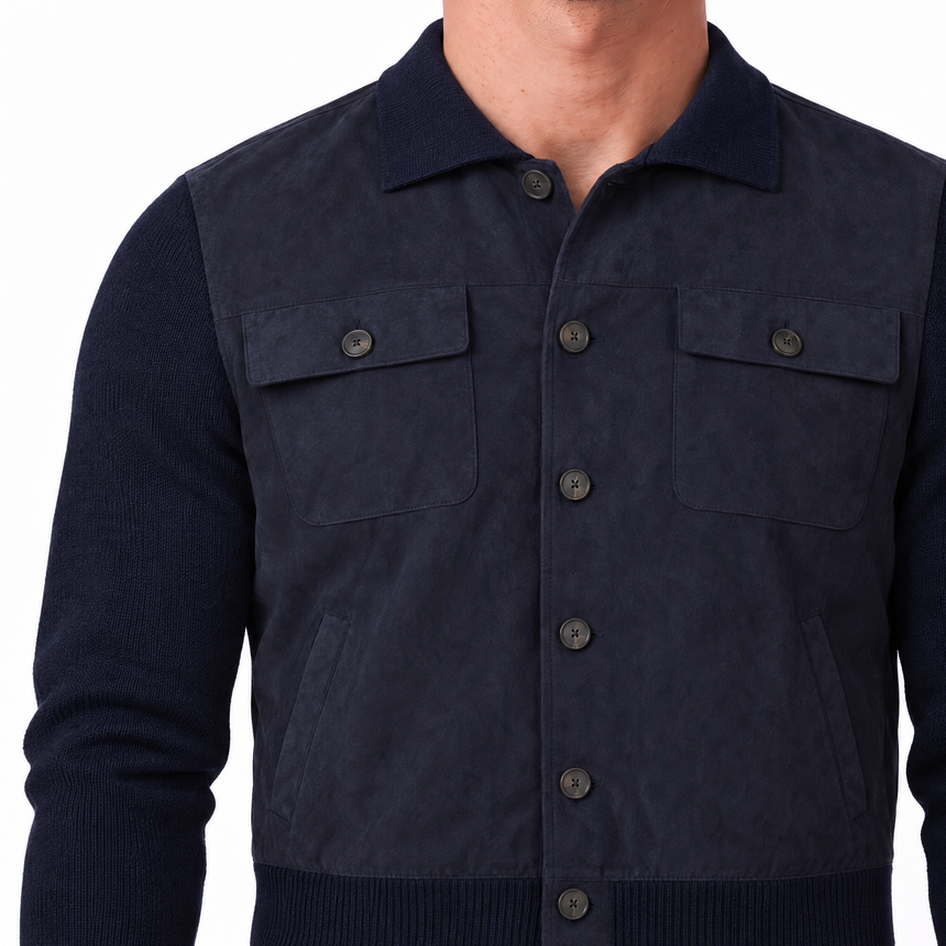 Gran Sasso Alcantara and Organic Cotton Button-Up Hybrid Jacket in Navy Blue