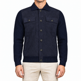 Gran Sasso Alcantara and Organic Cotton Button-Up Hybrid Jacket in Navy Blue