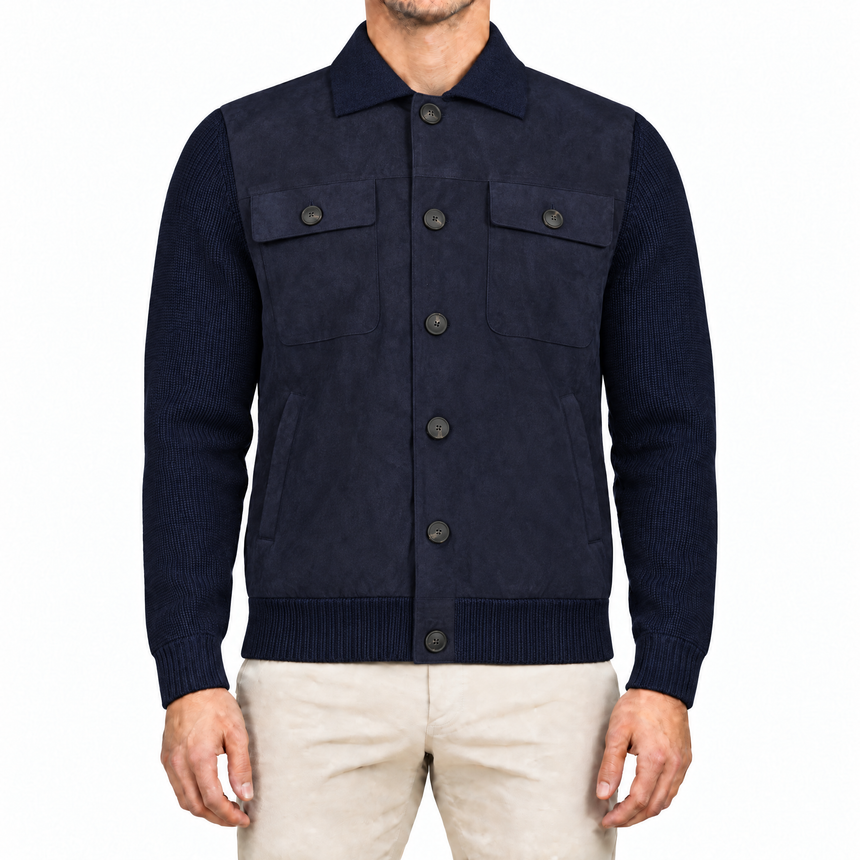 Gran Sasso Alcantara and Organic Cotton Button-Up Hybrid Jacket in Navy Blue