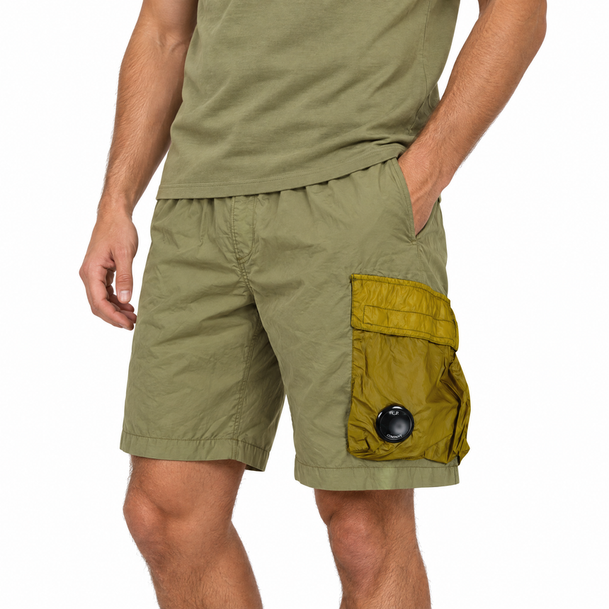CP Company Flatt Nylon Mixed Lens Cargo Swim Shorts in Dried Herb Green