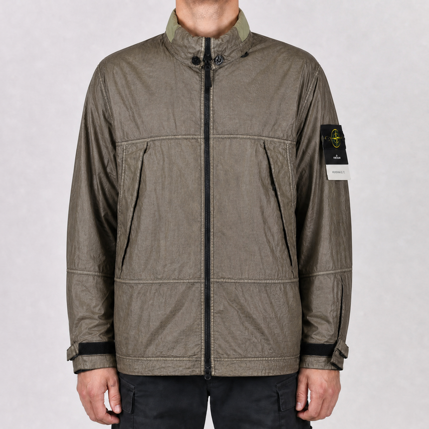 Stone Island Raw Linen Plated-OVD Short Parka in Military Green