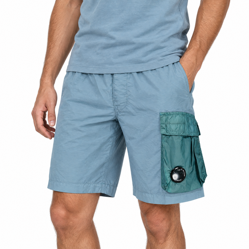 CP Company Flatt Nylon Mixed Lens Cargo Swim Shorts in Silver Blue