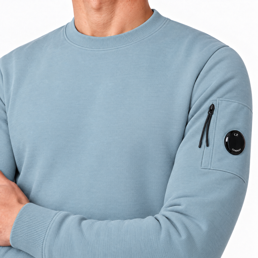 CP Company Light Fleece Crewneck Lens Sweatshirt in Silver Blue