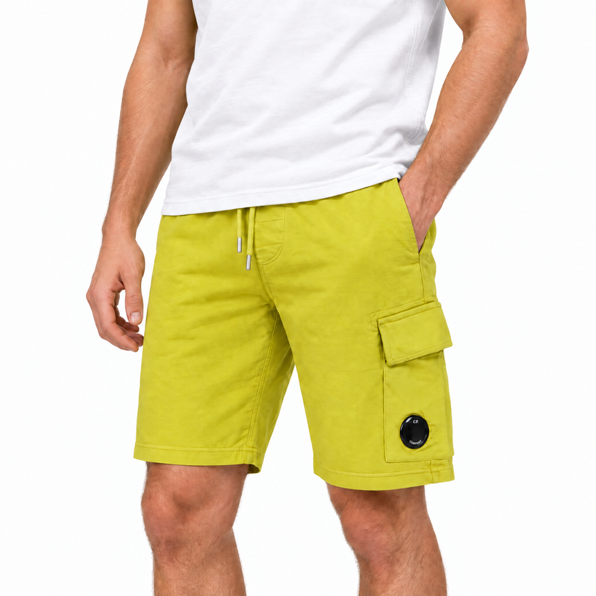 CP Company Light Fleece Cargo Lens Shorts in Antique Moss Green