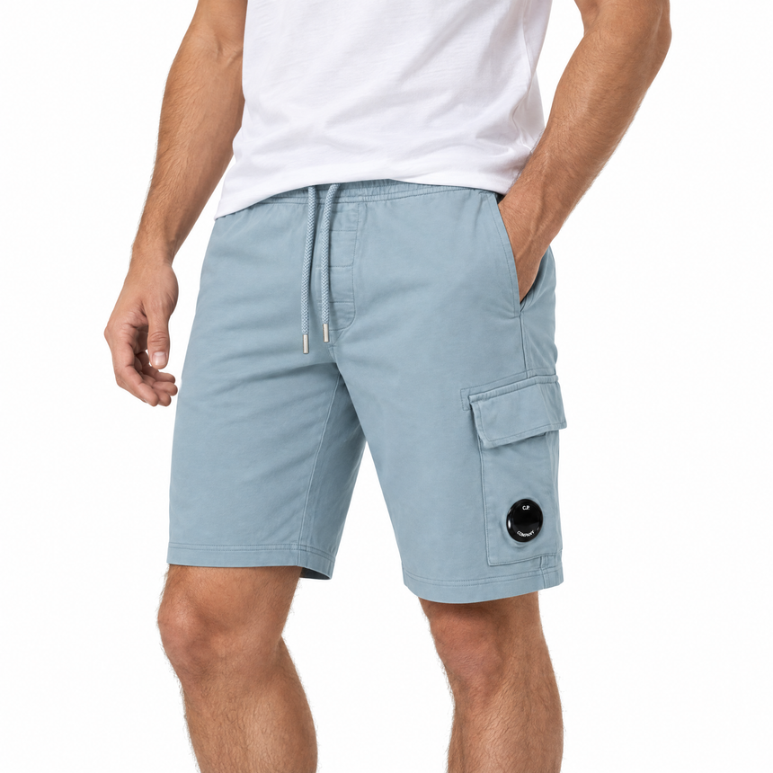 CP Company Light Fleece Cargo Lens Shorts in Silver Blue