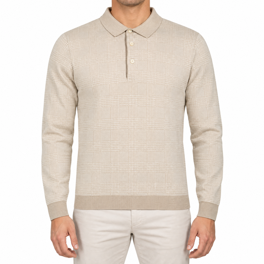 Gran Sasso Checked Wool and Silk Knitted Jumper in Light Beige