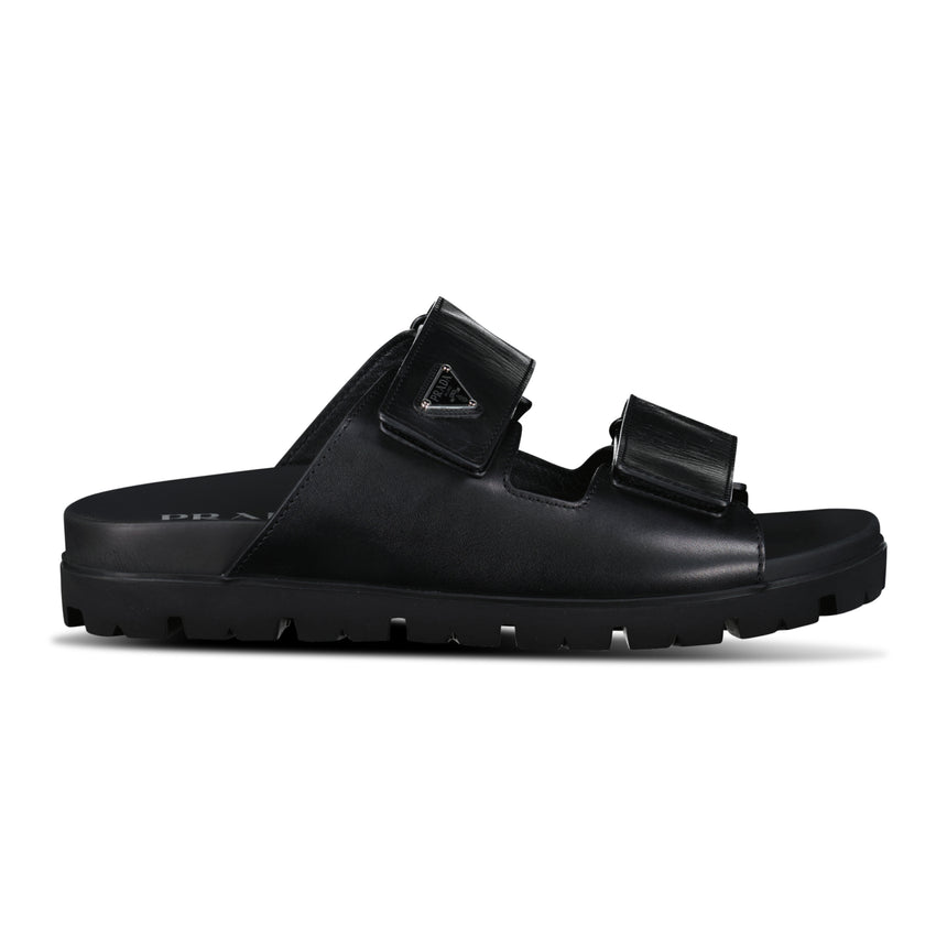 Prada Triangle Logo Leather Strap Sandals Black