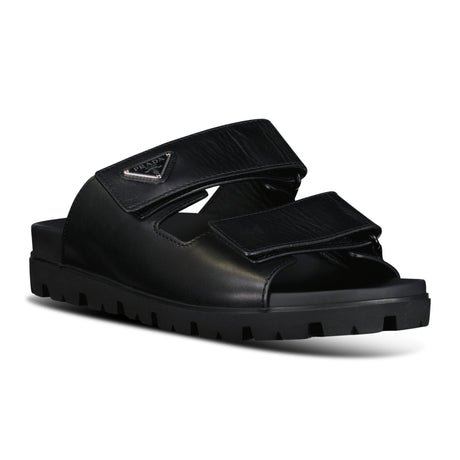 Prada Triangle Logo Leather Strap Sandals Black