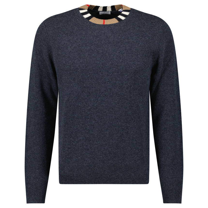 Burberry 'Noland' Knitted Wool/ Cashmere Jumper Check Neck Charcoal Grey
