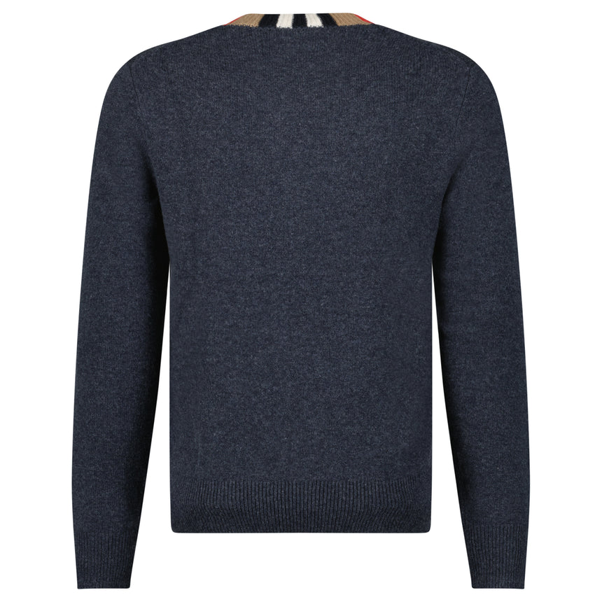 Burberry 'Noland' Knitted Wool/ Cashmere Jumper Check Neck Charcoal Grey