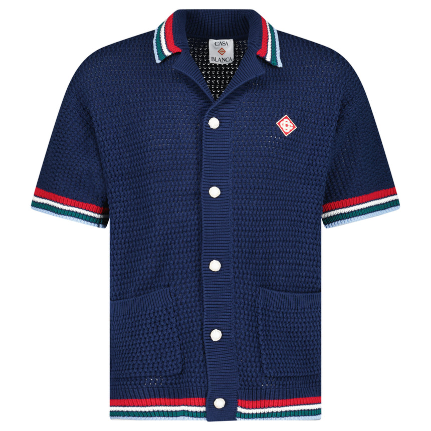 Casablanca Gothic Short Sleeve Crochet Shirt in Navy