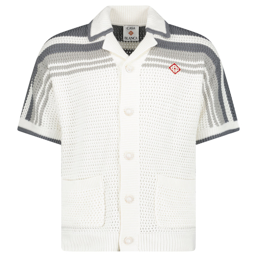 Casablanca Tennis Striped Crochet Short Sleeve Shirt in White/Grey