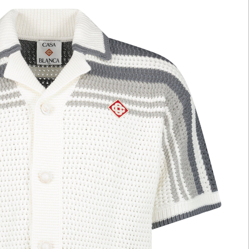 Casablanca Tennis Striped Crochet Short Sleeve Shirt in White/Grey