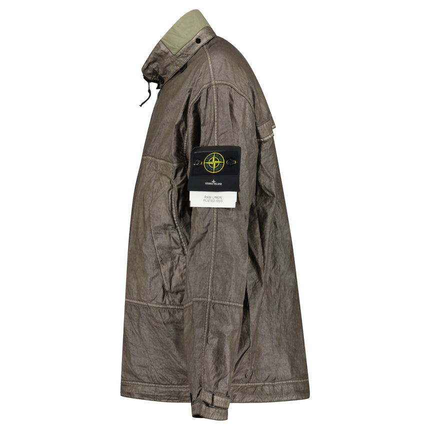 Stone Island Raw Linen Plated-OVD Short Parka in Military Green