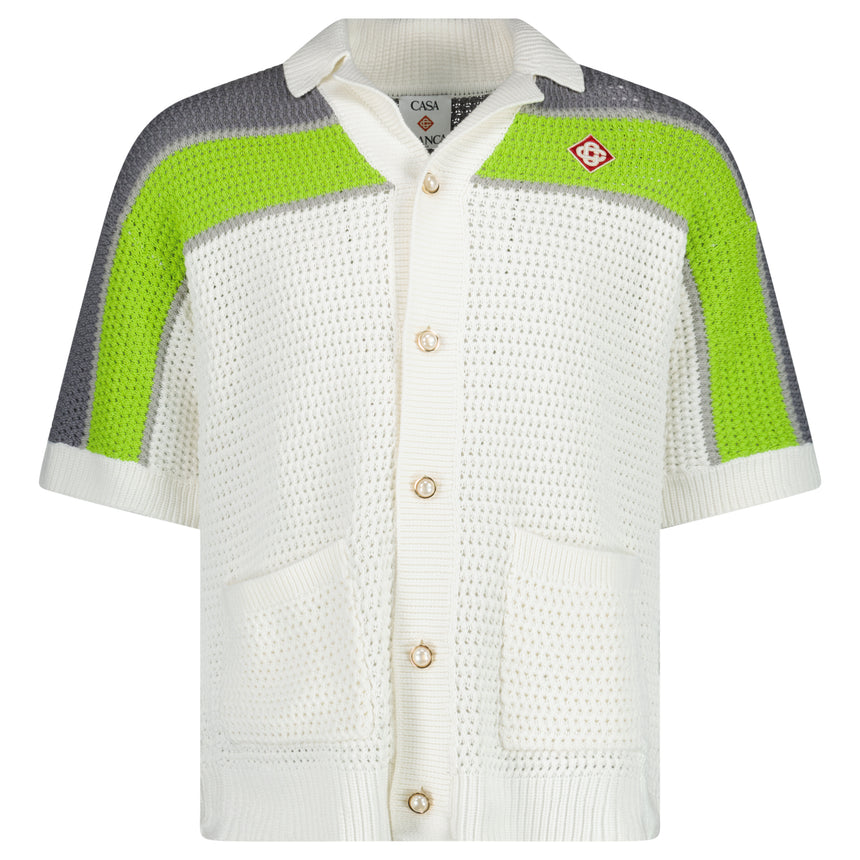 Casablanca Green and White Tennis Stripe Crochet Short Sleeve Shirt