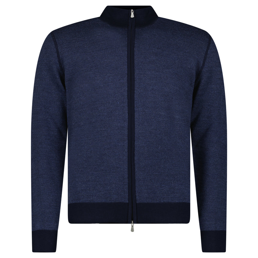 Gran Sasso Salt and Pepper Stitch Full-Zip Cardigan in Navy