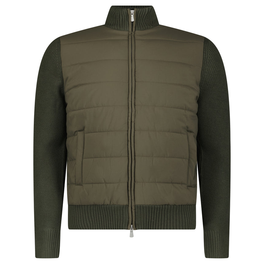 Gran Sasso Quilted Panel Cardigan in Khaki Green