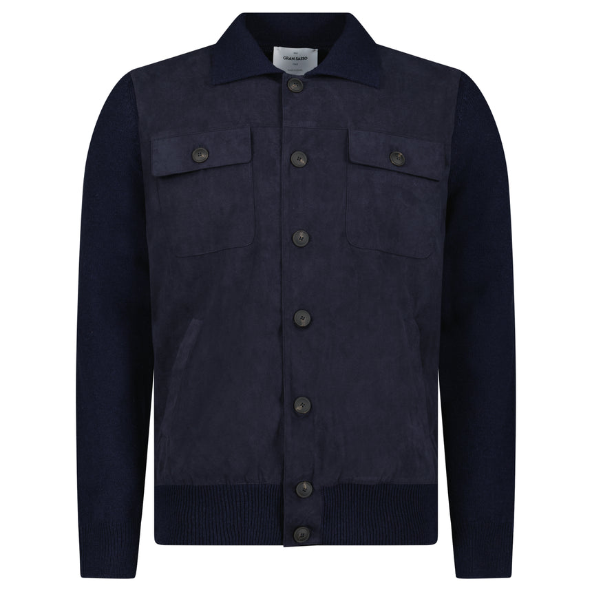 Gran Sasso Alcantara and Organic Cotton Button-Up Hybrid Jacket in Navy Blue