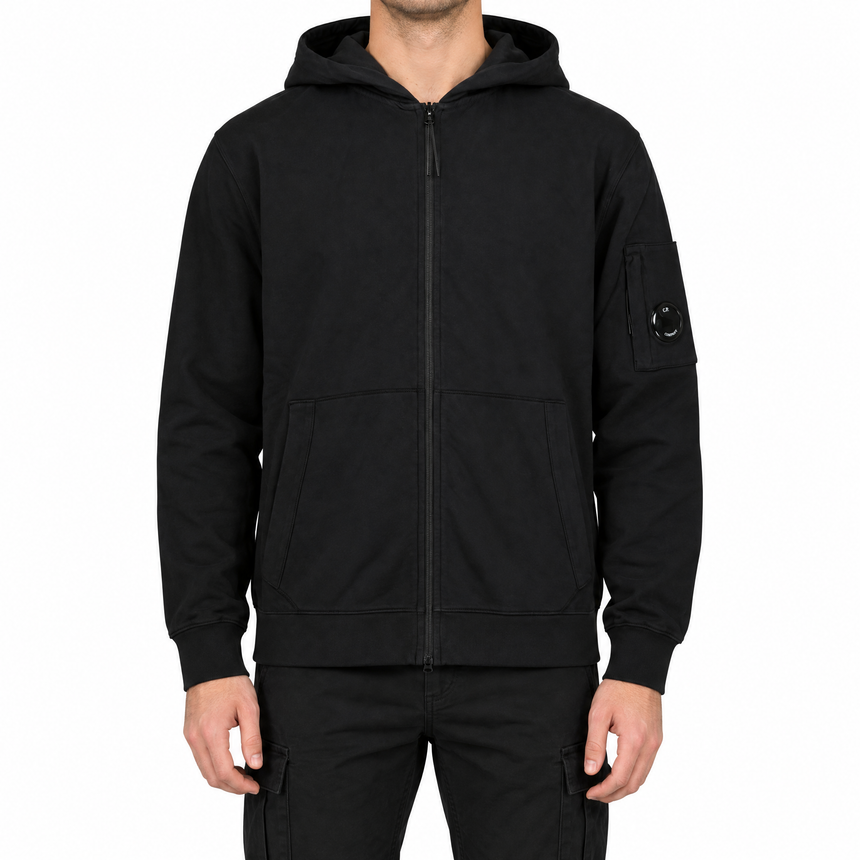 CP Company Light Fleece Zip Hooded Lens Sweatshirt in Black