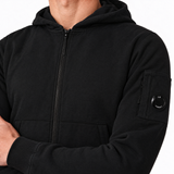 CP Company Light Fleece Zip Hooded Lens Sweatshirt in Black