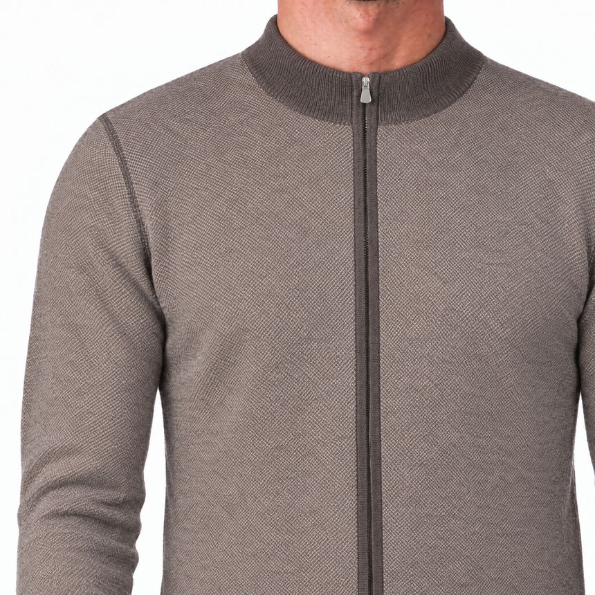 Gran Sasso Salt and Pepper Stitch Full-Zip Cardigan in Brown
