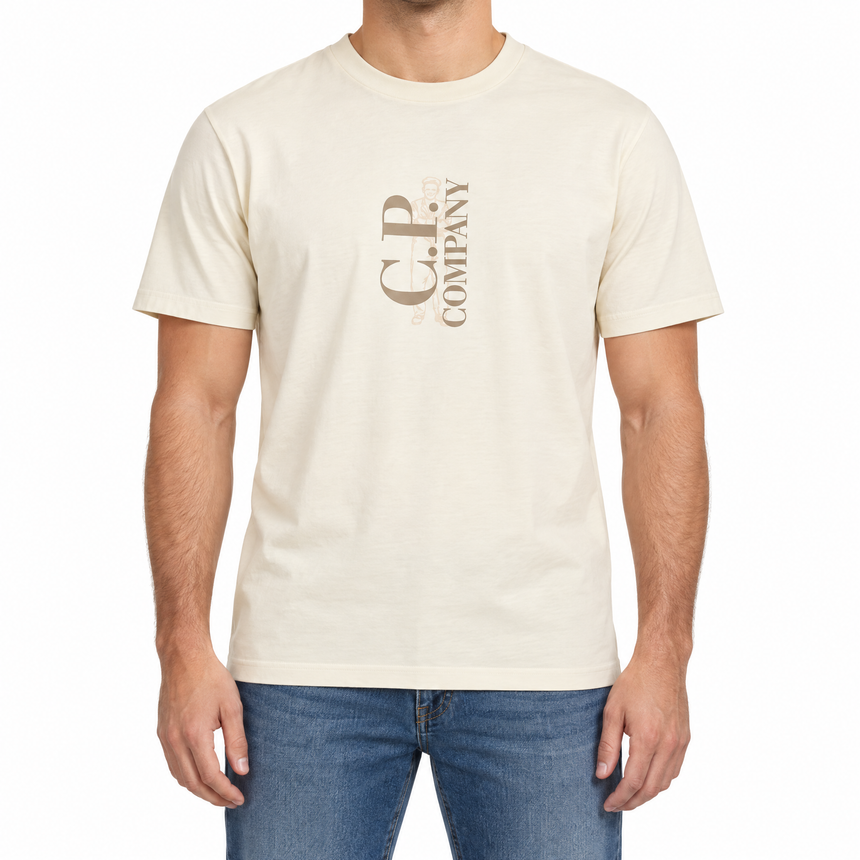 CP Company 30/1 Jersey Short Sleeve Printed T-Shirt in Frozen Dew Beige