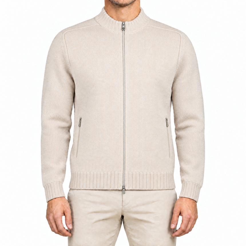 Gran Sasso Super Geelong Wool and Cashmere Full-Zip Cardigan in Beige
